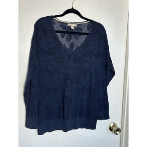 Banana Republic Sweater XL Navy Blue Floral Open Knit Mesh V-Neck Cotton Women's